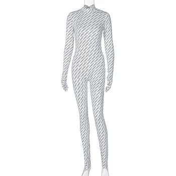 Poshby Moda Pismo Print Bela Seksi igralne obleke Jumpsuit z Rokavice Ženske Clubwear 2020 Dolg Rokav Bodycon Enega Kosa Obleko