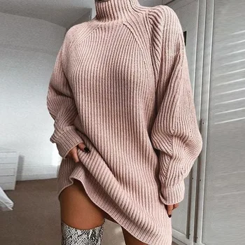 Pozimi pleteni Pulover ženske obleka za Priložnostne Mid-dolžina turtleneck puloverji, Pleteni pulover plus velikost ženske pletene puloverje oversize