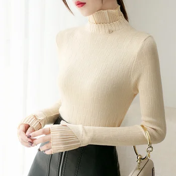 Pravi strel šifon čipke pol turtleneck pulover vrh pulover ženske, jeseni in pozimi dno majica