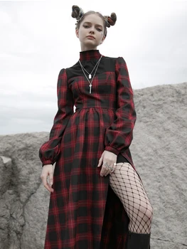 PUNK RAVE Girl ' s Street Style Rdeče-črno Obleko Seksi Lep Visok Ovratnik, Dolgi Strani Špranjske Casua Obleka Ženske