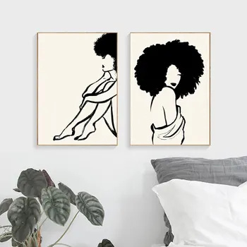 Razkrite Črte Art Tisk Wall Art Črna Ženska Ženska Figura, Minimalističen Risanje Ženska Z Afro Feministične Naravne Lase Platno Slikarstvo