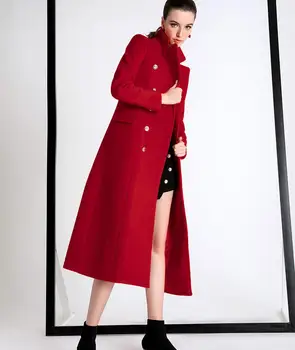 Rdeče Volnene plašč žensk 2020 jeseni in pozimi moda dvojno zapenjanje Slim suknji plus velikost vrhnja oblačila r1422