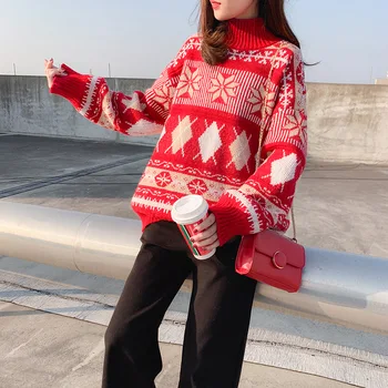 Retro jeseni in pozimi plesti pulover 2020 novi korejski ohlapen pulover ženske jakna z Dolgimi rokavi turtleneck