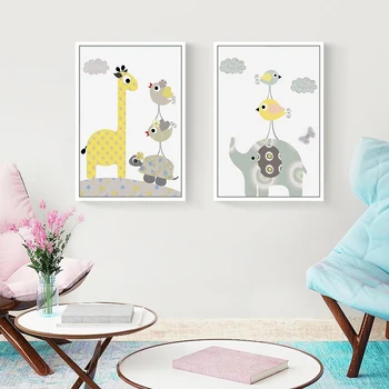 Risanka Žirafa Ptica Slon Živali Plakati in Tiskanje Minimalističen Wall Art Platno Barvanje Vrtec Steni Sliko Otroka Dnevna Soba