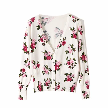 Rose Tiskanja Proti-vrat Slim Kratek Pletene Cardigan Ženske modis pulover 2020 spomladi in jeseni nov prihod Veleprodajno ceno