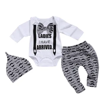 RU Prodaje Novorojenčka Oblačila BabyBoys oblačila, ki 3Pcs Lok Kravato Dojenčka 0-18 Mesecev Brki Tiskanja Ljubek Dolg Rokav Baby Set D35