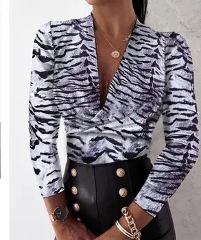 Seksi Globoko V-neck Leopard Print Majica Ženske Slim Dolgimi Rokavi Pulover Bluzo Tiger Zvezdnato Nebo Pismo Gospe Urad Oblačila Vrhovi