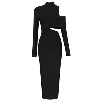 Seksi Črna Votlih Povoj Obleko za Ženske z Dolgimi Rokavi Bodycon Midi Klub Slaven Večer Stranka Vestidos 2021 Zimski Modni Nova