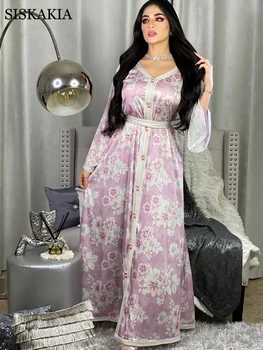 Siskakia Dolg Rokav Maxi obleke za Ženske, Sladko Modra, Roza Dubaj Abaya Moda Trak Prirezovanja V Vratu Jalabiya Muslimanskih Jeseni Leta 2020 Nova