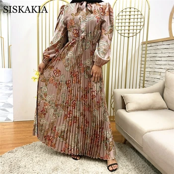 Siskakia Maxi obleke za Ženske Modni Etnične Tiskanja Lok Kravato V Vratu Dolg Rokav Naguban Swing Muslimanski Turčiji arabski Oblačila Jeseni