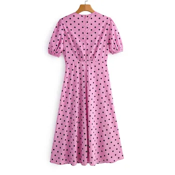 Sladko elegantna visoko pasu roza obleko Žensk V vratu kratek rokav dot tiskanja priložnostne obleko ženski Plaži poletje obleko maxi vestidos