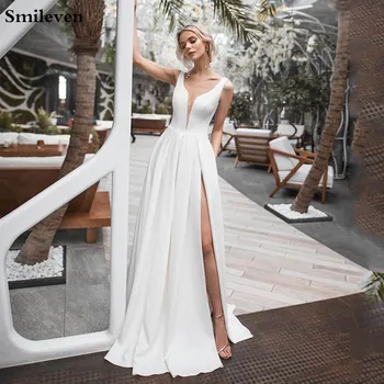 Smileven Boho Poročne Obleke Saten Seksi Strani Split Nevesta Obleko 2020 Meri Poročnih Oblek