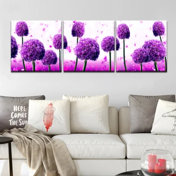 Sodobna 3 Modulov Cvet Plakatov in Tiskanje Wall Art Platno Barvanje Royal Purple Allium Giganteum Dekoracijo Sten Za dnevno Sobo