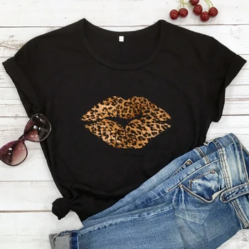 Srčkan Leopard Ustnice Natisni T-shirt Smešno Ženske Graphic Tee Shirt Vrh Estetske Poletje 90. letih Tumblr Hipster Bombaž Tshirt Ulične