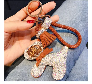 Srčkan pu usnje živali kristalno pes tassel keychain za ključne vrečko torbici čare Keyring ženske dekle torbici nakit dodatki darilo