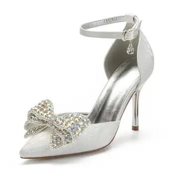 Sweet poroka poročni čevlji konicami prstov gleženj trak visokih petah, z veliko kristalno lok D ' orsay lady čipke črpalke bela, slonokoščena maturantski pete