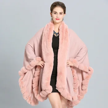 SWYIVY Svoboden Plus Ženske Fur Coat Imitacije Kašmir Cape Šal Jopico Plašč Ženske Specializiranimi za umetno Krzno, Toplo Cape Plašč, Črn Plašč Poncho