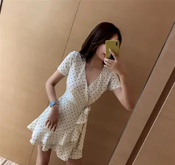 Temperament ženske noše 2019 poletje nov val točke ogrlicom obleko slim kratka sleeved obleko