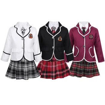 TiaoBug Otroci Teens Japonski Anime Cosplay Študentov Kostum za Dekleta Britanski Stil Šolsko Uniformo Suknjič s Srajco, Kravato Mini Krilo Set