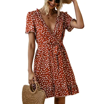 Tiskani ruffle elegantno obleko za ženske do leta 2020 poletje kratka sleeved kratek mini obleke Cvetlični čipke bohemian Oblačenja