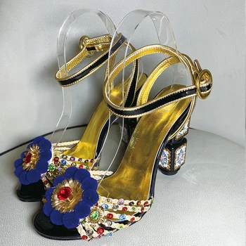 Totem tiskanja kvadratnih visoke pete open toe sandali pleteni pasu cvet visokih petah poletnih visokih petah dame čevlji