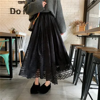 Tujec Kitty Elastična Visoko Pasu Čipke Krila, Ženska Spomladi Jeseni Leta 2020 Novi korejski Eleganten Casual A-linija Black Dolgo Krilo Ženske