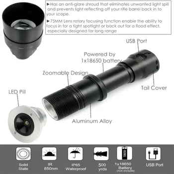 UniqueFire 1605 Zoomable 75 mm objektiv IR 850nm Svetilka 3 Načini Night Vision baterijska Svetilka, Polnilne Za Lov Lanterna