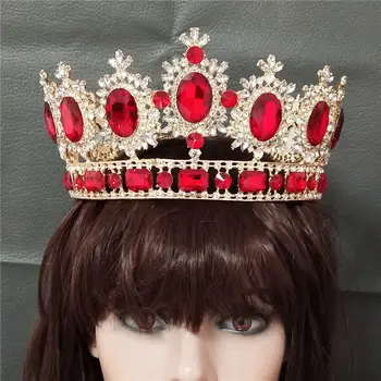 Velika Kraljica Kralj Pageant Krono za Poroko Tiaras in Krone Veliki Kristalni Nosorogovo Diadem Poročne Headdress Lase, Nakit
