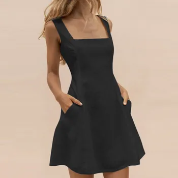 Vestido De Mujer 2020 Moda Obleko Ženske Priložnostne Svoboden Seksi Barva Kvadratnih Ovratnik z Zadrgo A-line Obleko Jurkjes Zomer