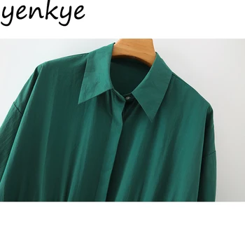 Vintage Zelena Obleka Ženske River Ovratnik, Dolgi Rokavi Elastično Vrvico Pasu Midi Priložnostne Jeseni Obleke Plus Velikost Vestido