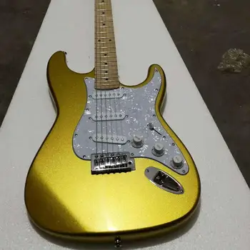 Visoka kakovost FDST-1026 zlata barva trdna telesa z belo pickguard val javor fretboard električna kitara, Brezplačna dostava