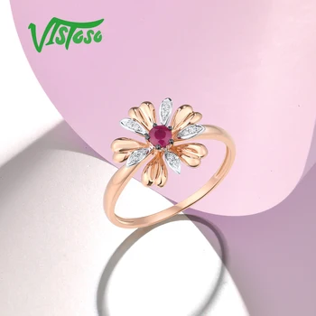 VISTOSO Resnično 14K 585 Rose Zlata Ruby Diamond Cvet Obroč Za Lady Poroko Posla Obletnico Trendy Darilo Fine Nakit