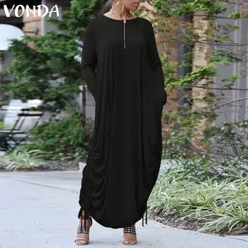 VONDA Plus Velikost Ženske obleke 2021 Jeseni Priložnostne O Vratu Long Sleeve Solid Color Maxi Obleke Bohemain Stranka Vestidos Femme 5XL