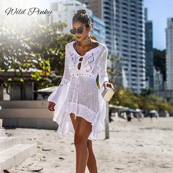 WildPinky V vratu beli očesa čipke obleko ženske seksi poletni plaži kratko obleko Vzročno flare rokav obleka vestidos 2020