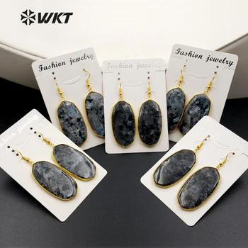 WT-E349 Debelo naravno črno labradorite kamen uhani s 24K zlatom trim moda rhombus uhani nakit za ženske