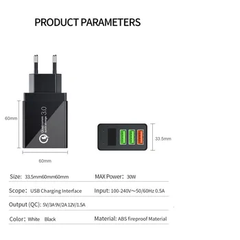 Xilecaly QC 3.0 USB Polnilnik baterij 3 Vrata LED Zaslon Pametnega Mobilnega Telefona Polnilnik Za iPhone, Samsung Xiaomi Tablet Steno Potovalni Adapter