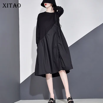 XITAO Plus Velikost Mozaik Gumb Obleka Black Ženske Obleke 2020 Jeseni Nov Modni Pulover Poln Rokav Priložnostne Obleko Vrh ZLL2970