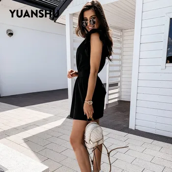 YUANSHU Moda za Ženske Obleke, Mini Poletje Obleko O-vratu Ruffles Kratek Rokav Ulične Seksi Obleka Črna Obleka