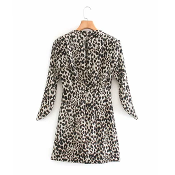 Za Leto 2020 Leopard Natisnjeni Mini Obleka Ženske Jeseni Mode Z Ramen Blazine Visoko Vratu Dolg Rokav Obleke, Ženske Elegantno Obleko