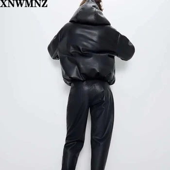 Za Ženske črno krzno, umetno usnje jakno plašč prevelik zadrgo 2020 Pozimi Ženska Debela pu hooded suknjič Suknji Visoke kakovosti