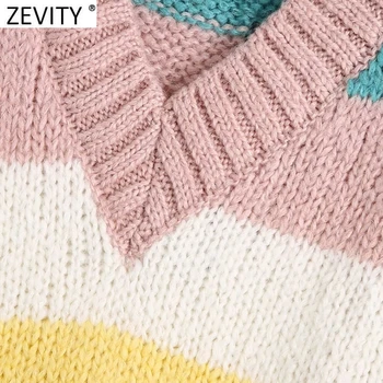 Zevity 2021 Pomlad Ženske Mode V Vratu Barvno Ujemanje Prugasta Priložnostne Pletenje Pulover Chic Lady Prosti Čas Brez Rokavov Telovnik Vrhovi S613