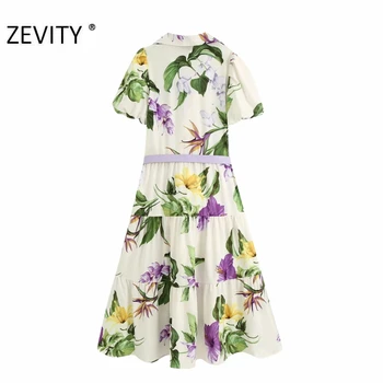 ZEVITY ženske jesenski cvet tiskanja sashes shirt obleko ženski luč rokav pleat nezakonitih robom vestido casual chic obleke DS4246