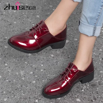 ZHUISE Ženske čevlje 2020 novo lakasto usnje jeseni modeli divje usnjeni čevlji debele pete burgundija globoko usta majhen usnjeni čevlji