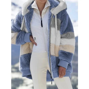 Zimska jakna ženske modni Plišastih mozaik zadrgo žep pozimi Hooded suknjič retro svoboden Dolg Rokav Plus Velikost Ženske Nadlak