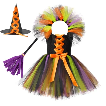 Čarovnice Halloween Kostum za Dekleta, Otroci Tutu Obleko, Klobuk Metlo Otrok, Cosplay Obleko Oblačila za Pusta Stranka Božič 1-14Y
