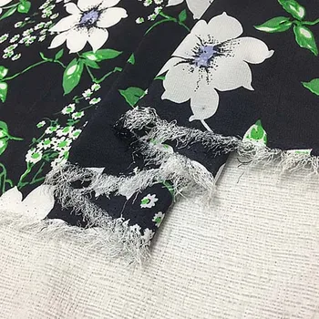 Čista svila Krep DE chine tkanine Bela cvetlični in zeleno listov na črni podlagi,SCDC766