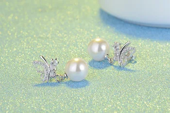 Čisti 925 sterling silver pearl kristalno metulj ženske'stud nakit uhani na debelo padec ladijskega prometa 2020 nov design