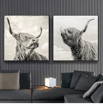 Črna in Bela Divje Živali Platno Slikarstvo Highland Krava Plakatov in Fotografij Cuadros Stenskih slikah, za Dnevna Soba Dekor