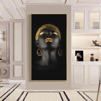 Črna Ženska Z Zlatim Headdress Platna Slike Na Steni Plakatov In Fotografij Afriške Dekle Wall Art Platno Slike Cuadros