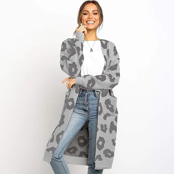 Ženska Leopard Tiskanja Pletenje Jopico outwear plasti z odprto žep spredaj topel pulover ouc303